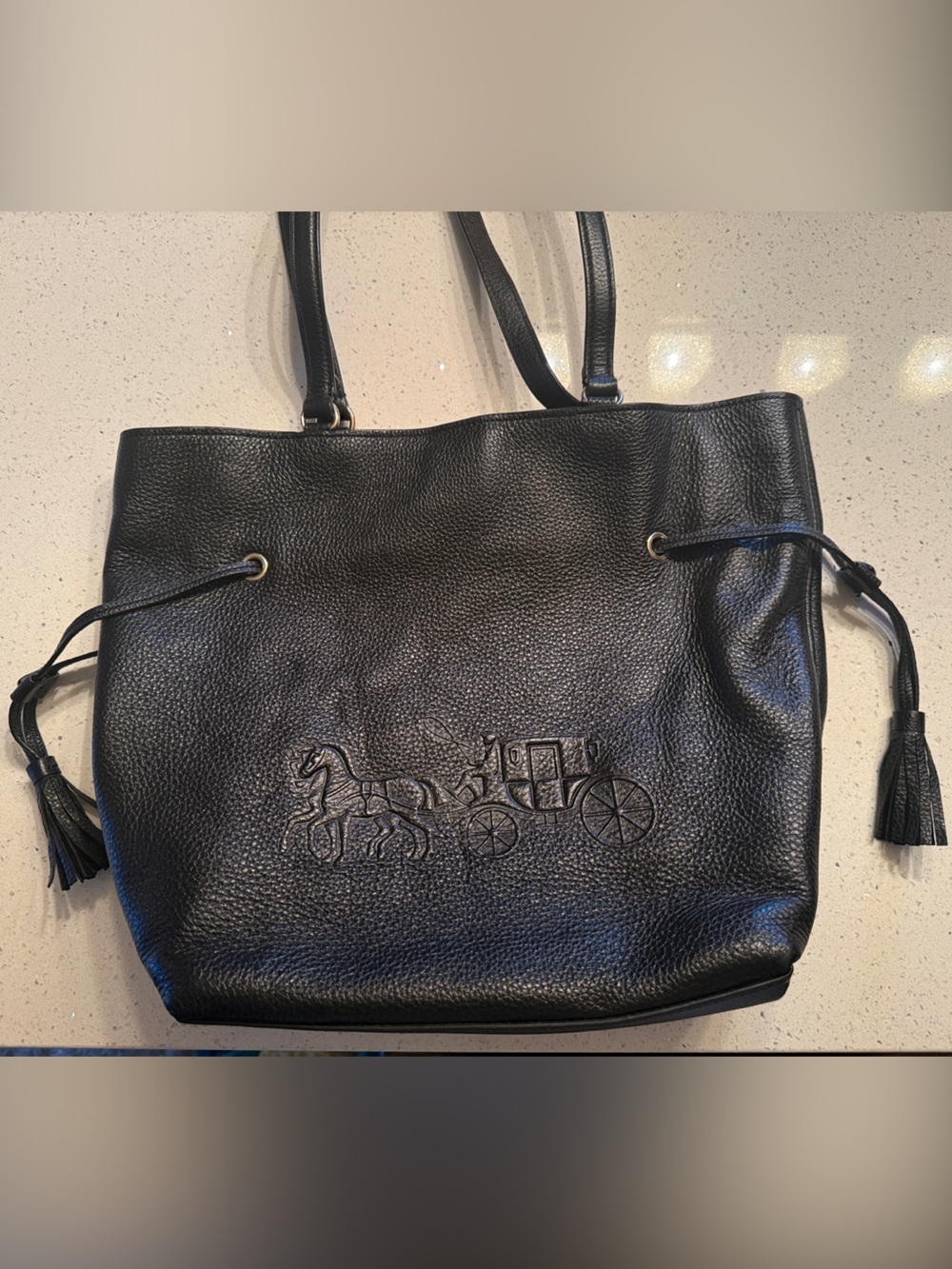 Coach Black Pebbled Leather Tote with Embossed Carriage